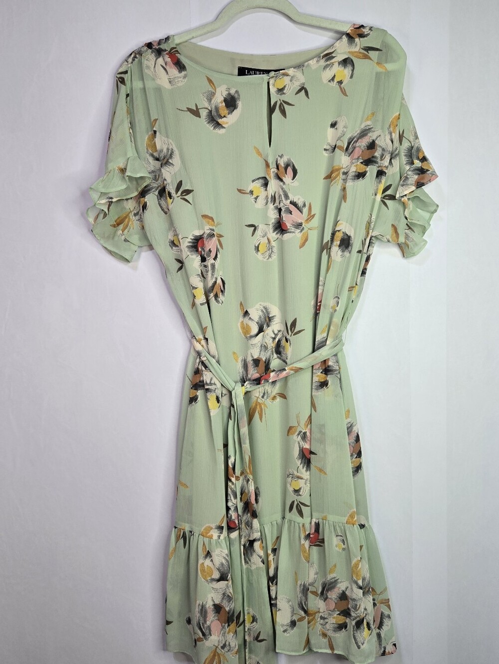 LAUREN Ralph Lauren Size 14 Mint Green Floral S/Sl Belted Ruffle-Sleeve Dress